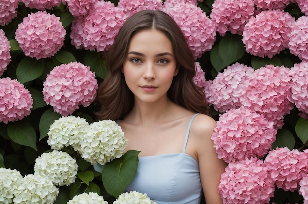 Un elegante ritratto di una giovane donna canadese circondata da rigogliose ortensie