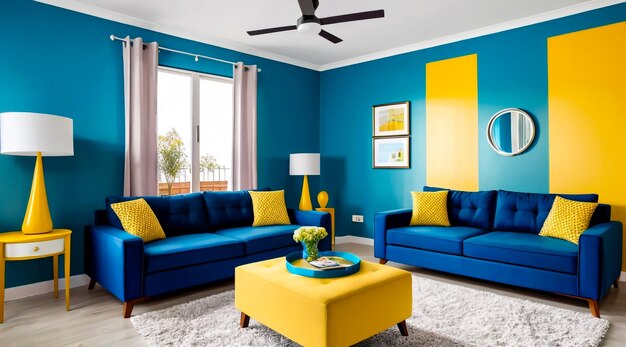 un elegante soggiorno moderno con una parete dipinta di blu