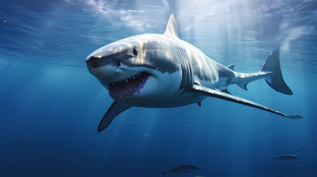 Un elegante squalo bianco che nuota in lontananza