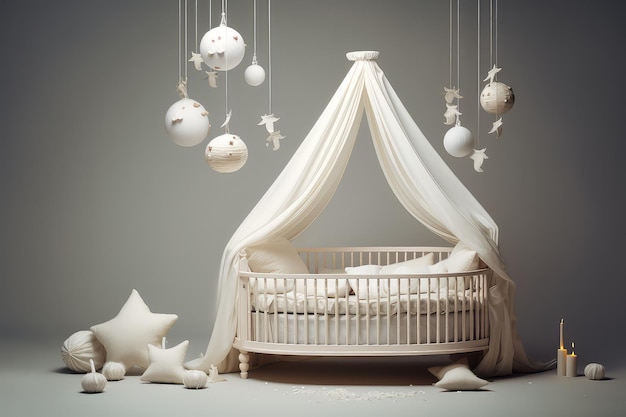 Un'elegante stanza per bambini con decorazioni appese e un'accogliente culla avvolta in tessuti morbidi e illuminata da una leggera illuminazione