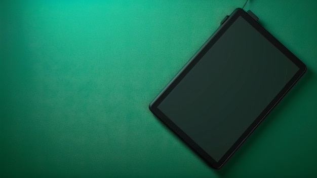 Un elegante tablet nero è appoggiato sopra un tavolo verde vibrante