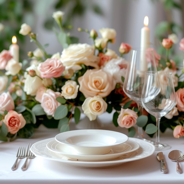 Un'elegante tavola adornata di rose fresche e peonie perfetta per una celebrazione primaverile