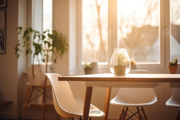 Un elegante tavolo da pranzo con un vaso di vetro di pianta terrarium al centro con la luce solare che entra dalla finestra