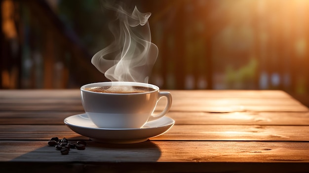 Un'elegante tazza di caffè al vapore su un rustico tavolo di legno che cattura il ricco aroma e il calore