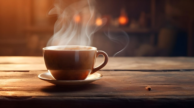 Un'elegante tazza di caffè al vapore su un rustico tavolo di legno che cattura il ricco aroma e il calore