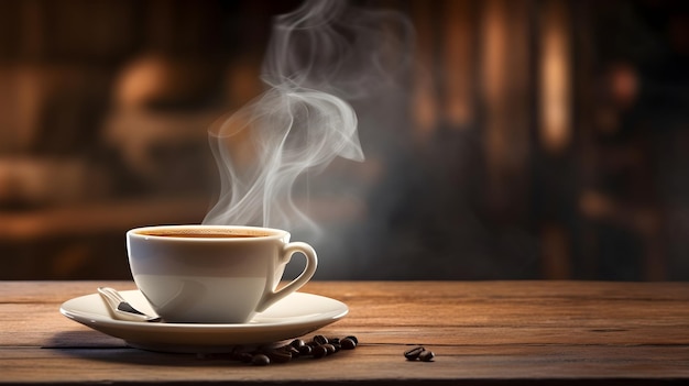 Un'elegante tazza di caffè al vapore su un rustico tavolo di legno che cattura il ricco aroma e il calore