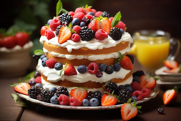 Un'elegante torta di frutta adornata con frutta candita e bacche secche