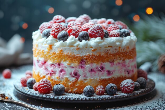 Un'elegante torta fatta a mano si trova su un supporto da tavolo festivo