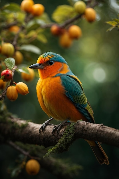 Un elegante uccello colorato seduto su un ramo con foglie e fiori sullo sfondo naturale