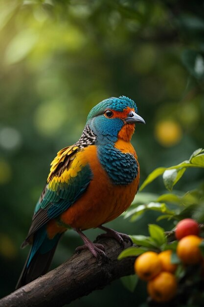 Un elegante uccello colorato seduto su un ramo con foglie e fiori sullo sfondo naturale