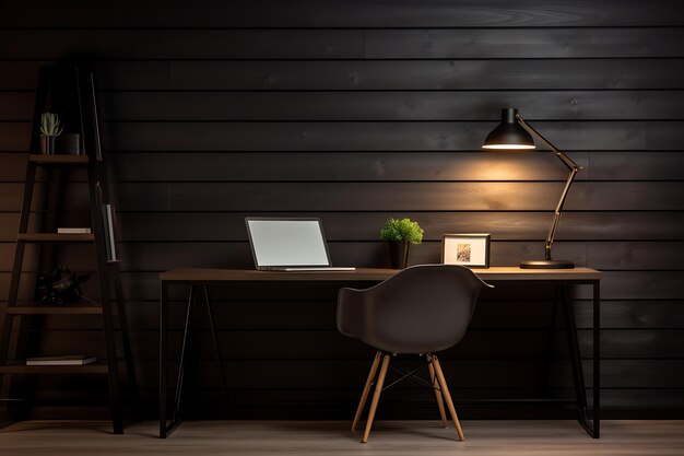 Un elegante ufficio a casa in una stanza buia con un portatile appoggiato su una scrivania