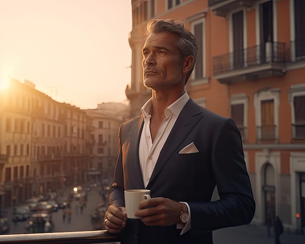 Un elegante uomo di mezza età in giacca e cravatta su un balcone con una tazza di caffè in mano creato con Gene