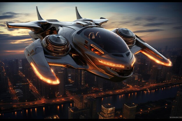 Un elegante veicolo volante futuristico scivola graziosamente sopra l'affollato paesaggio urbano di notte Le auto volanti del futuro generate dall'IA