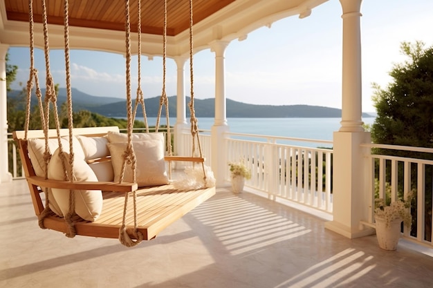 Un'elegante veranda di casa con dondolo sospeso e vista mare mozzafiato AI