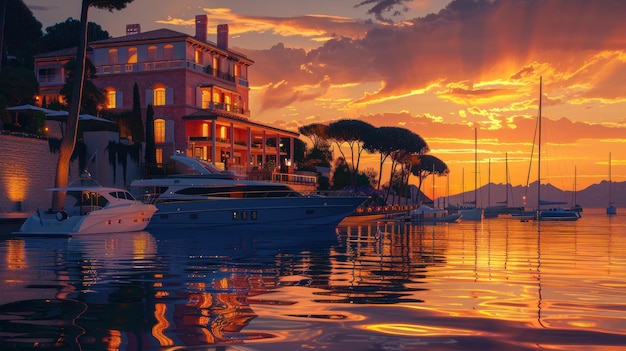 Un elegante yacht club al tramonto dove il lusso moderno incontra lo spirito avventuroso del mare con un tocco di architettura romana