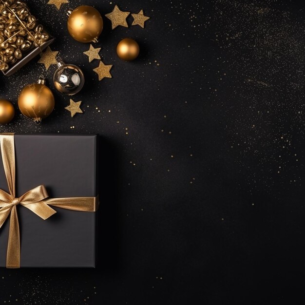 Un elemento dorato e alcune scatole regalo nere su uno sfondo nero scuro