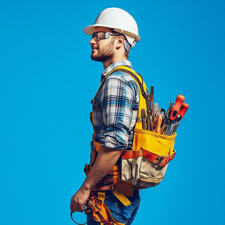 Foto un elettricista che porta degli strumenti e indossa un casco