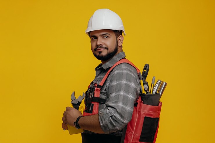 Foto un elettricista che porta degli strumenti e indossa un casco
