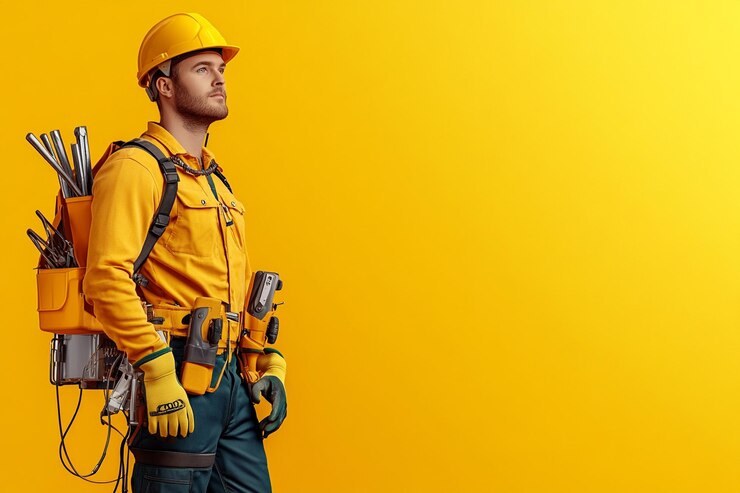 Foto un elettricista che porta degli strumenti e indossa un casco