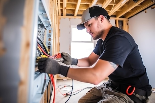 Un elettricista installa il cablaggio elettrico in una casa di nuova costruzione generata dall'IA