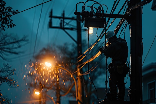 Un elettricista ripara le linee elettriche durante una forte tempesta