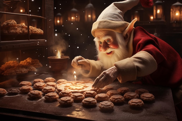 Un elfo cattivo che inventa un dispositivo che trasforma i biscotti ordinari in portali per una dimensione magica del dessert illustrazione natalizia