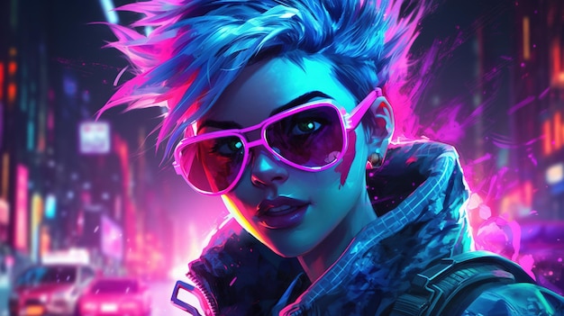 Un elfo cyberpunk con i capelli al neon e gli occhi ardenti Concetto di fantasia Pittura illustrativa IA generativa