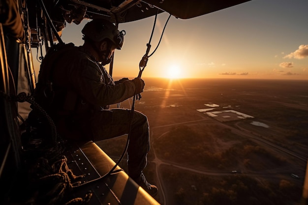 Un elicottero con il sole che tramonta dietro di esso