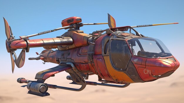 Un elicottero con una verniciatura rossa e arancione.