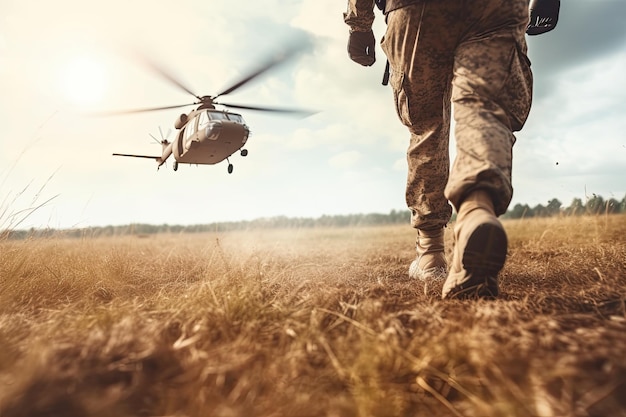 Un elicottero militare sta volando nel cielo con la scritta esercito sul fondo.