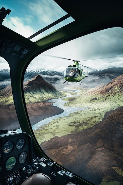 Un elicottero sorvola un paesaggio montano con una montagna sullo sfondo
