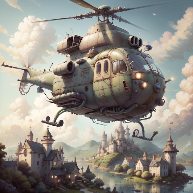 Un elicottero sorvola un villaggio con un castello sullo sfondo.
