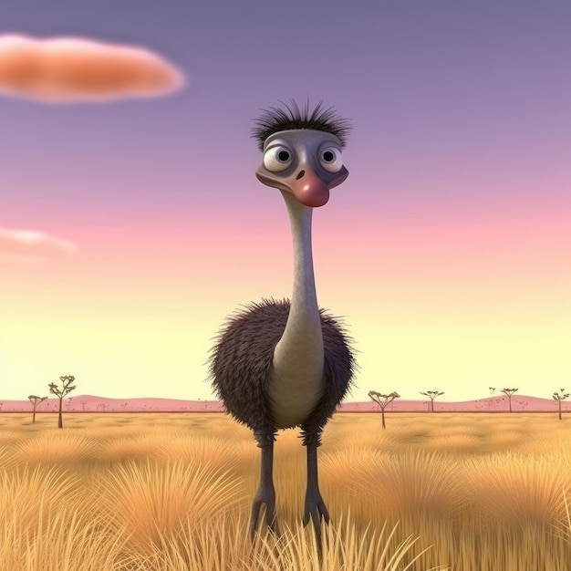 Un emù è in piedi in un campo con un cielo rosa e nuvole.