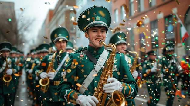 Un'energica banda in uniforme verde alla parata del giorno di San Patrizio