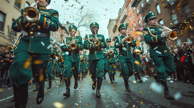 Un'energica banda in uniforme verde alla parata del giorno di San Patrizio