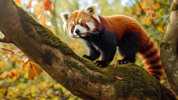 Un energico panda rosso che si arrampica su un albero generato dall'intelligenza artificiale