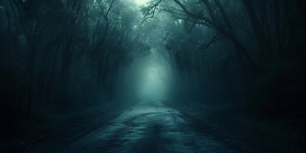 Un enigmatico e oscuro sentiero boschivo avvolto nella nebbia in una spaventosa serata di Halloween Scena inquietante di una foresta sinistra con alberi inquietanti