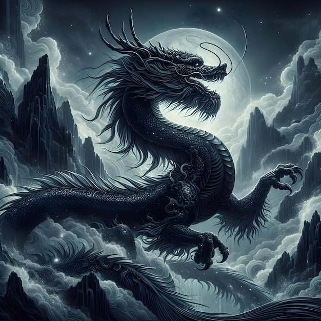 Un enorme drago asiatico emerse dalle profondità di una misteriosa montagna avvolta nella nebbia.