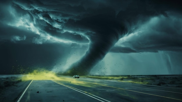 Un enorme e potente tornado che gira sulla strada.