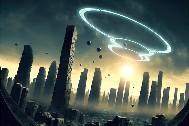 Un'enorme eclissi su una città futuristica Scifi illustyration