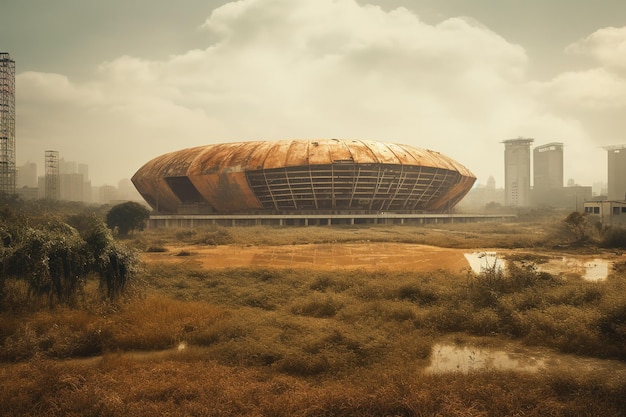 un enorme edificio di metallo arrugginito nel mezzo di un'area verde