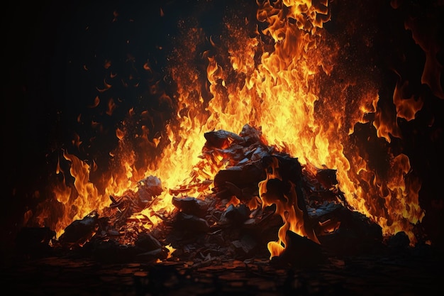 Un enorme inferno notturno con fiamme furiose Primo piano di una tempesta di fuoco Cornice completa di fuoco ardente fuochi di un inferno luminoso esplosione di fuoco infernale Texture di fuoco ardente Calore ardente falò luminoso