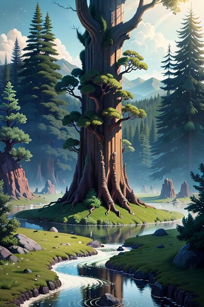 Un'enorme isola di alberi in mezzo al fiume, ai piedi dello sfondo della carta da parati di montagna