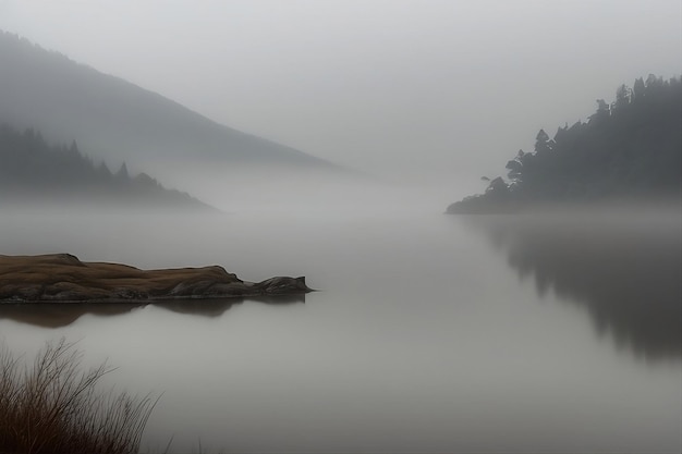 un enorme lago con nebbia