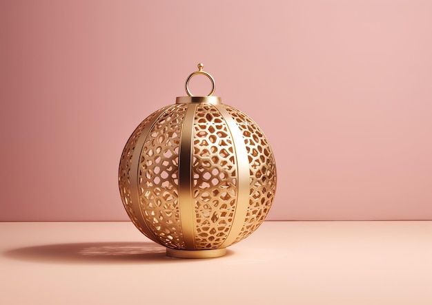 un'enorme lanterna d'oro a forma di palla ramadan decorata in stile minimalista su sfondo arrossato