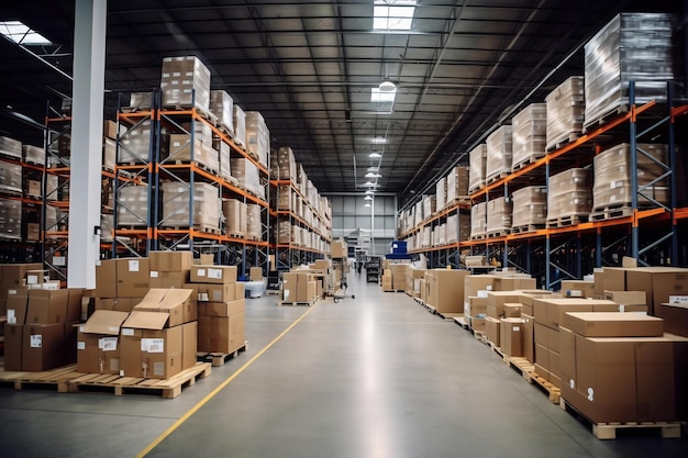 Un enorme magazzino pieno di scatole ordinatamente impilate Interno di un magazzino moderno Ampio spazio per immagazzinare e spostare la logistica delle merci Il commercio nel mondo moderno