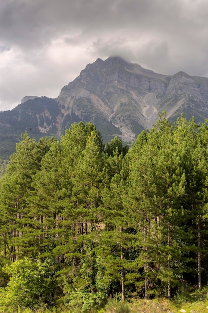 Un'enorme montagna maestosa in estate in una giornata nuvolosa regione Tzoumerka Epiro Grecia