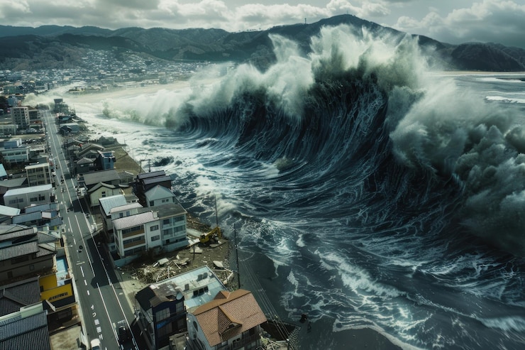 Foto un'enorme ondata di tsunami che si abbatte su una città costiera inghiottendo edifici e strade