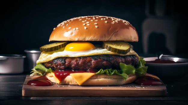 Un enorme panino con hamburger di manzo con uno sfondo fumoso