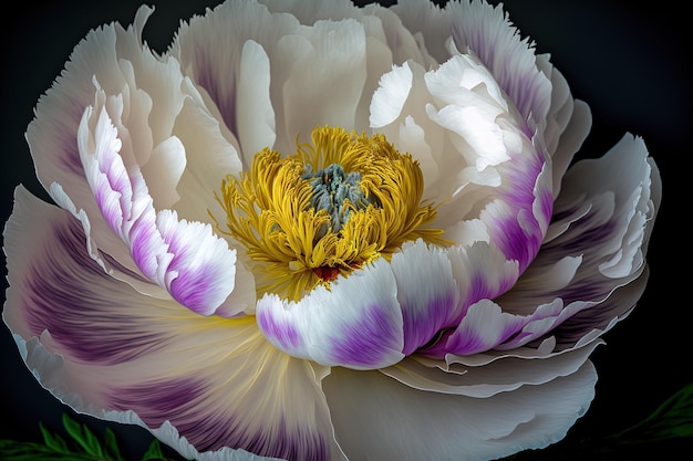 Un'enorme peonia bianca viola con un centro giallo verde è vista da vicino